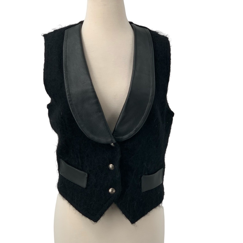 Mohair Designs Naturally Texas Womens Black Mohair Vest Faux Leather Trim Size M